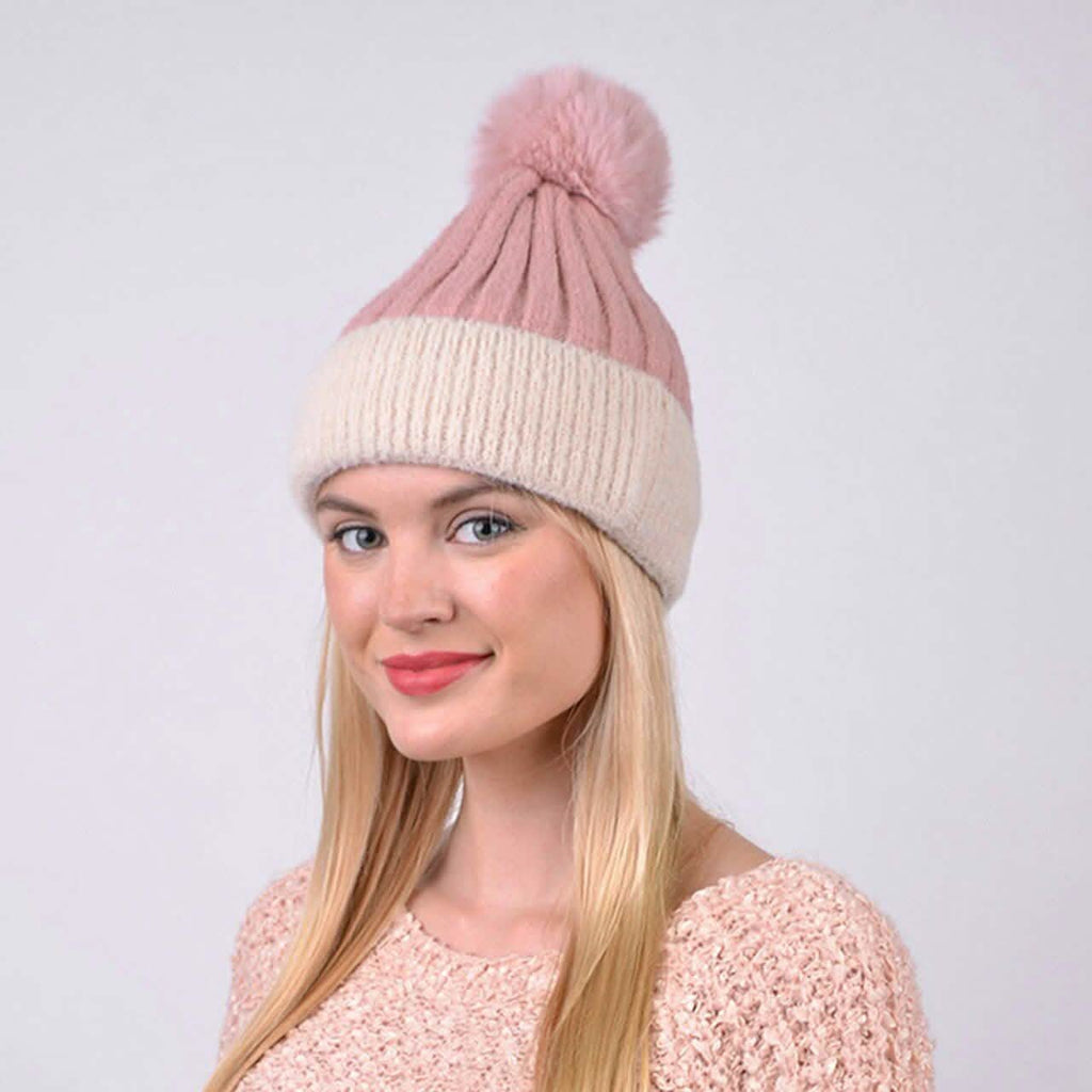 Women's Pom Pom Two-Tone Knit Winter Hat