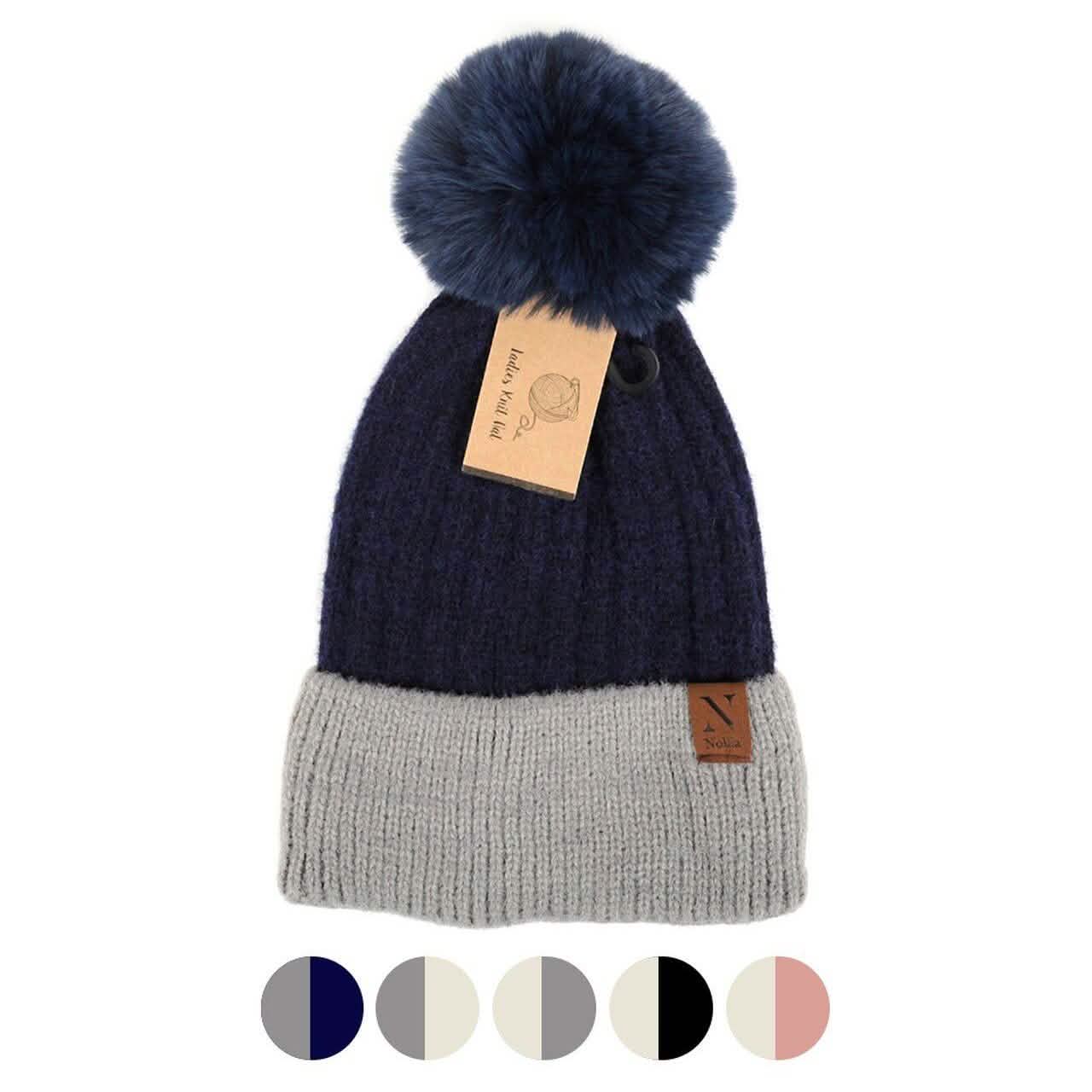 Women's Pom Pom Two-Tone Knit Winter Hat