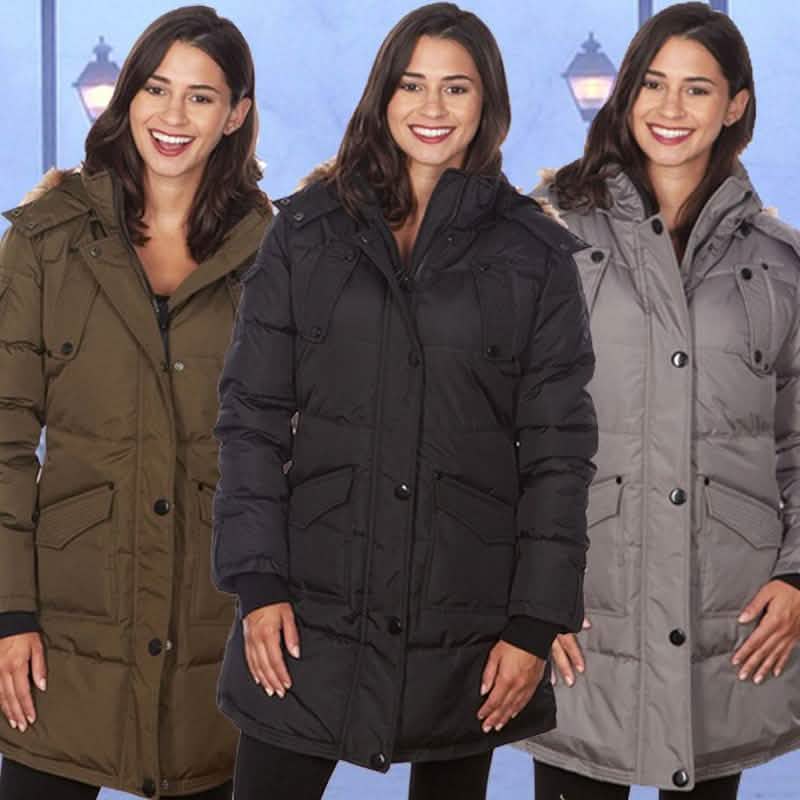 Women's Puffy Coat with Large Pockets and Faux Fur Hood