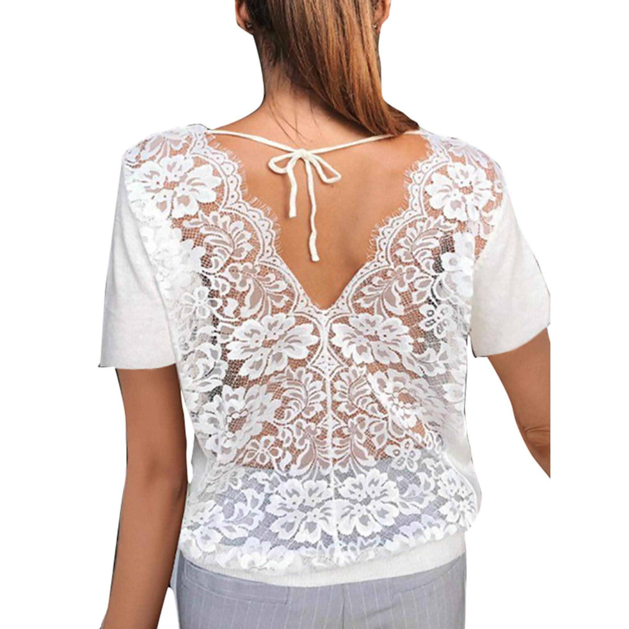 Women's Short Sleeve Back Lace Top Blouse