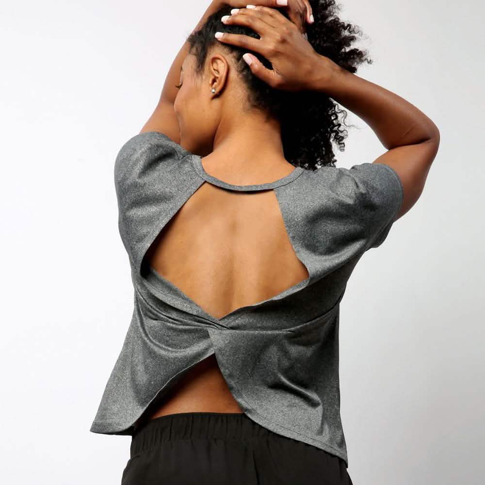 Women's Short Sleeve Criss Cross Open Back Solid T-Shirt Blouse