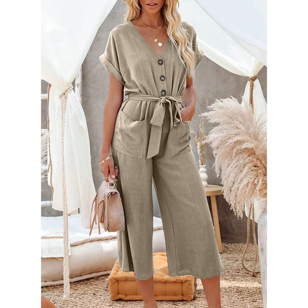 Women's Short Sleeve V Neck Button Belt Wide Leg Jumpsuit