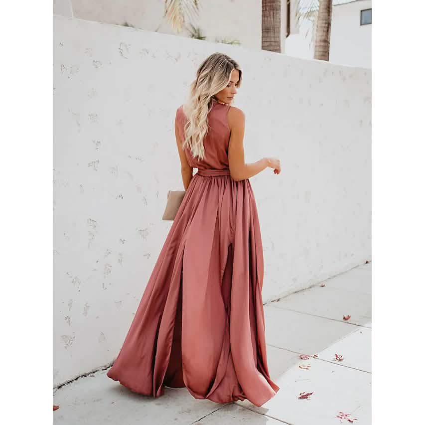 Women's Solid Color Slit Tie Maxi Dress