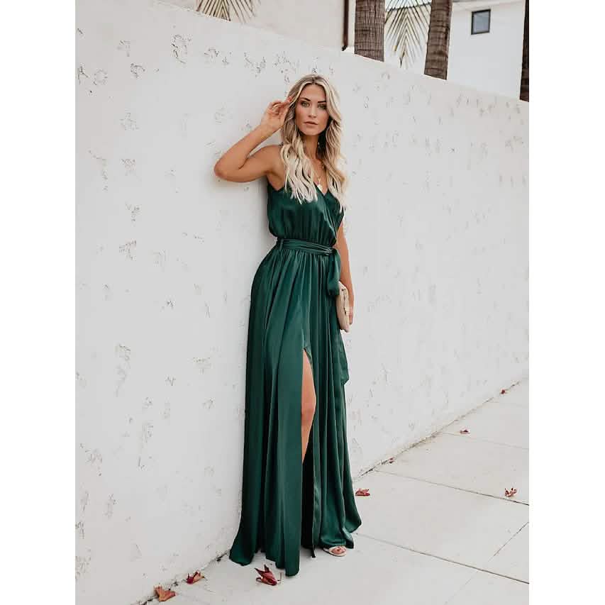Women's Solid Color Slit Tie Maxi Dress