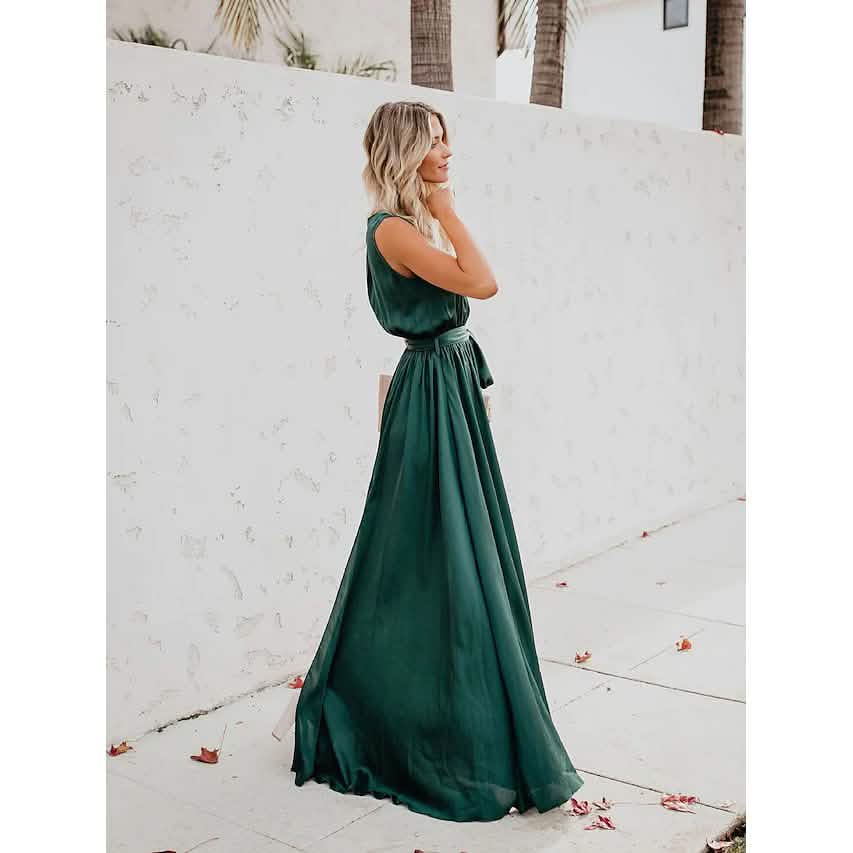 Women's Solid Color Slit Tie Maxi Dress