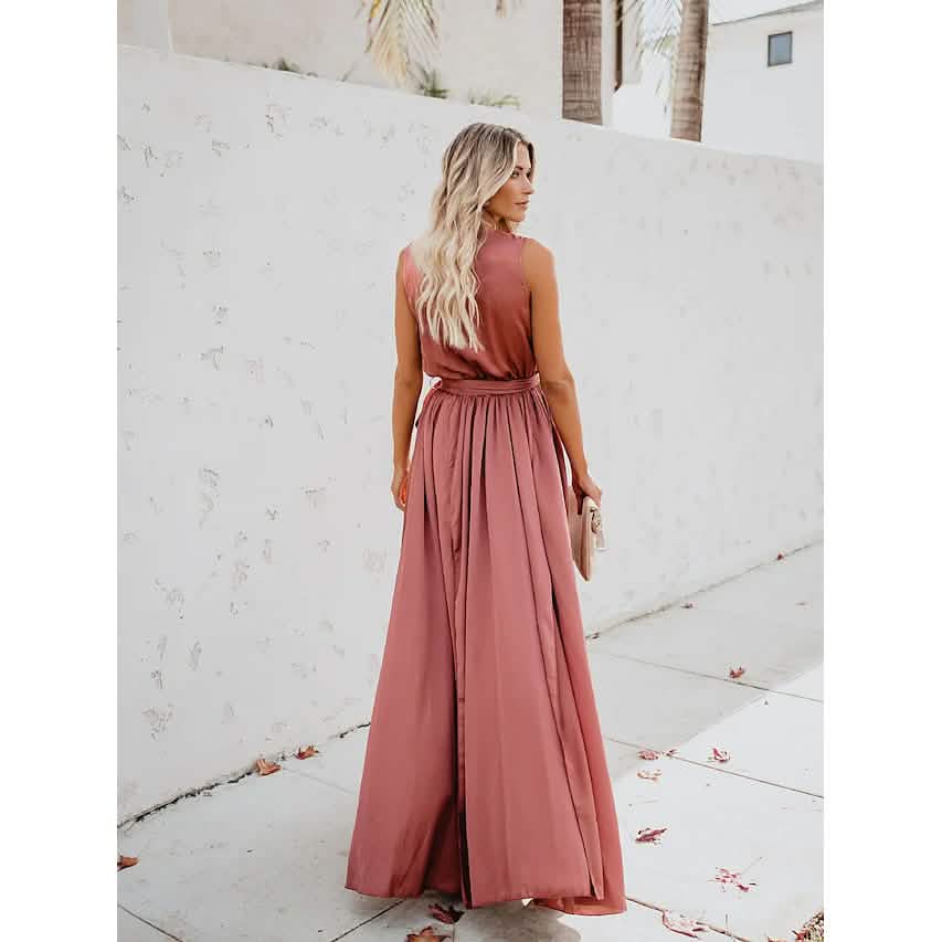 Women's Solid Color Slit Tie Maxi Dress