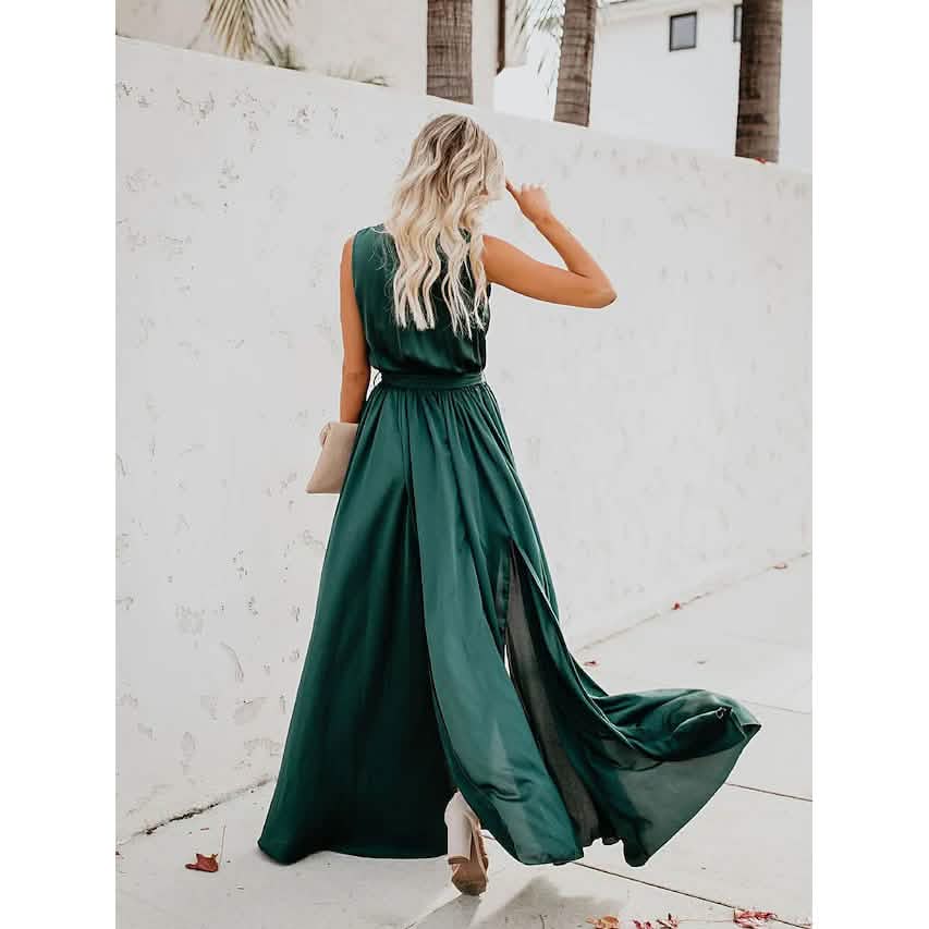 Women's Solid Color Slit Tie Maxi Dress