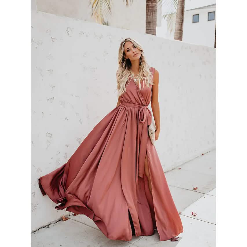 Women's Solid Color Slit Tie Maxi Dress