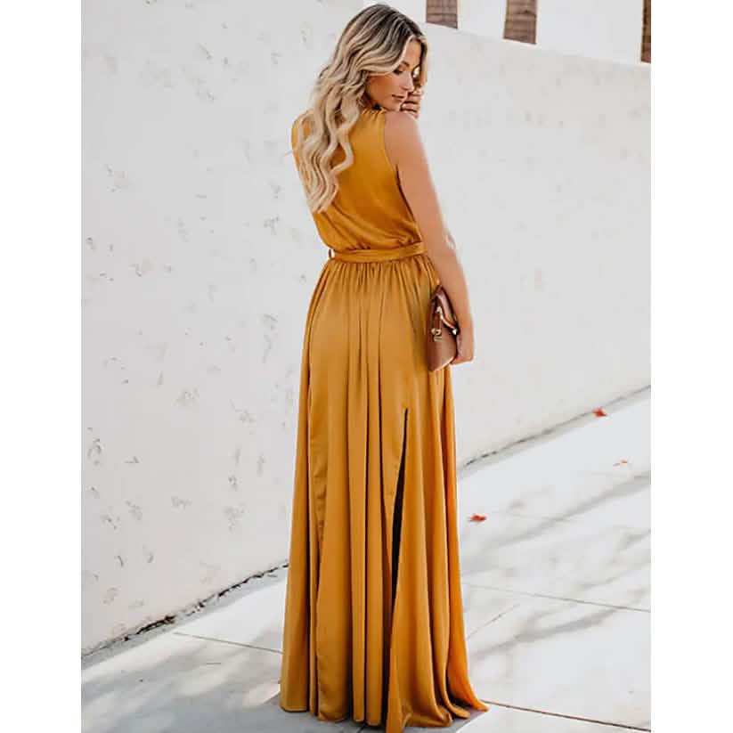 Women's Solid Color Slit Tie Maxi Dress