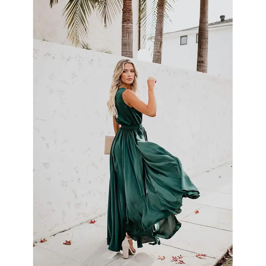 Women's Solid Color Slit Tie Maxi Dress