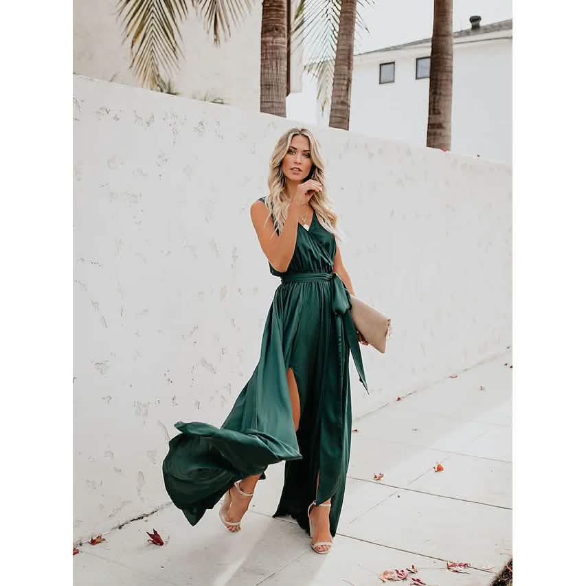 Women's Solid Color Slit Tie Maxi Dress