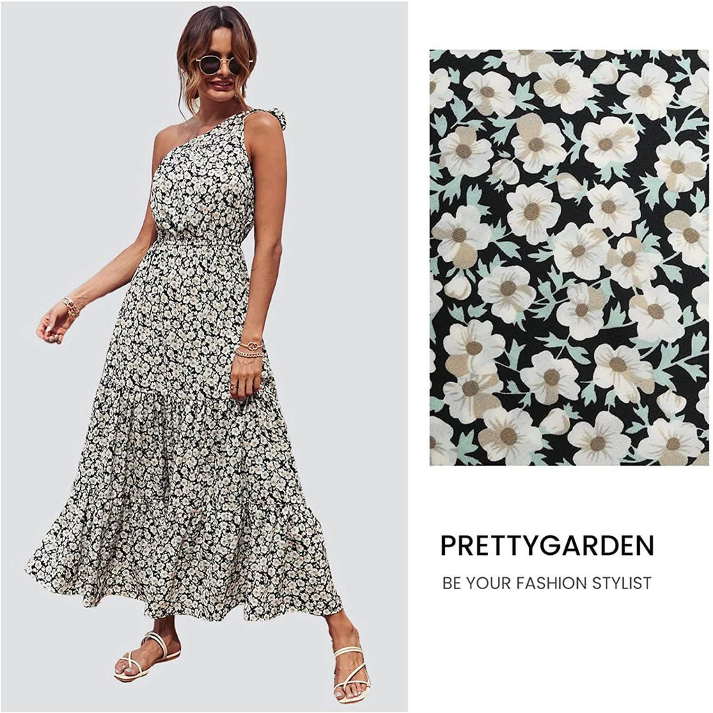 Women's Summer Floral One Shoulder Ruffled Hem Maxi Dresses
