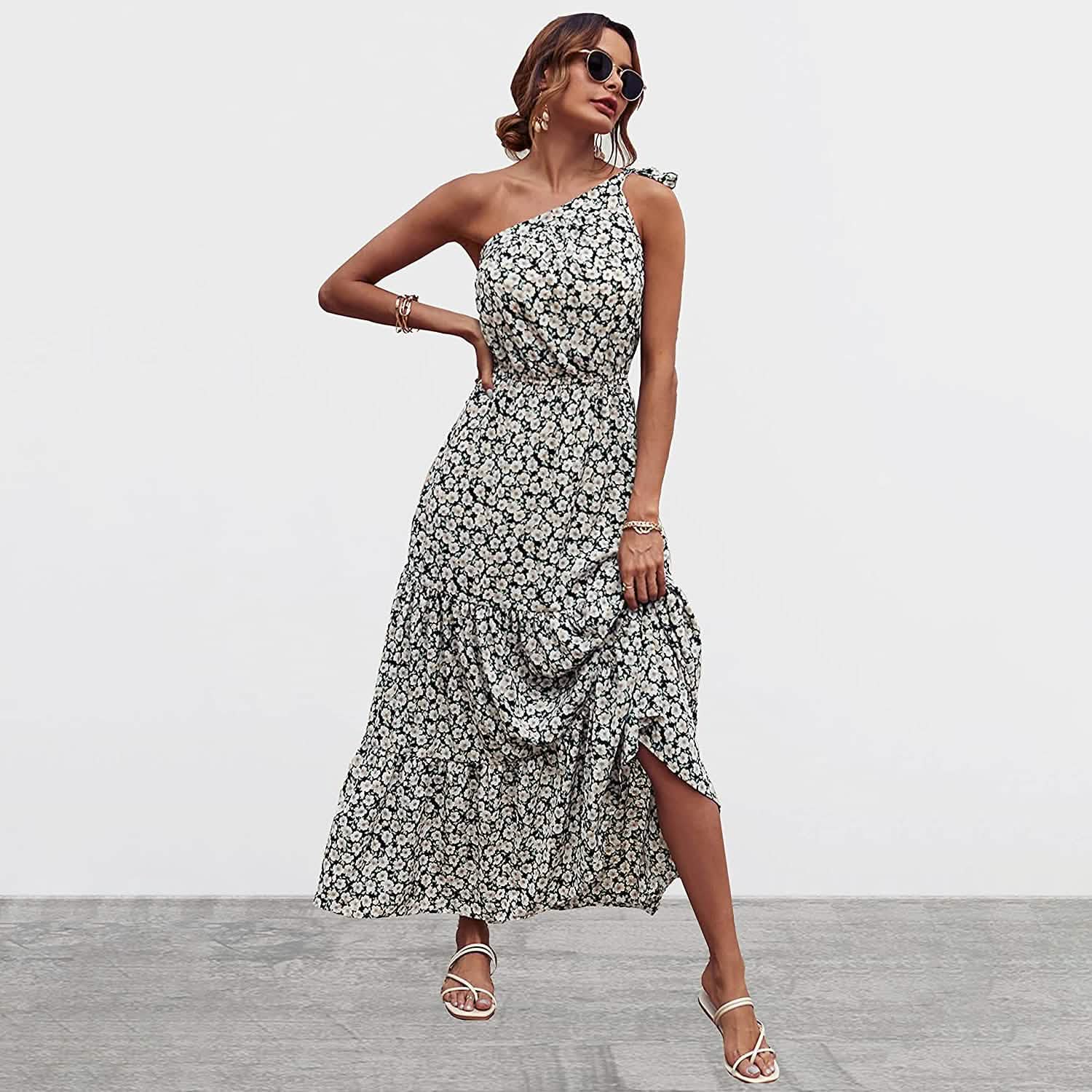 Women's Summer Floral One Shoulder Ruffled Hem Maxi Dresses