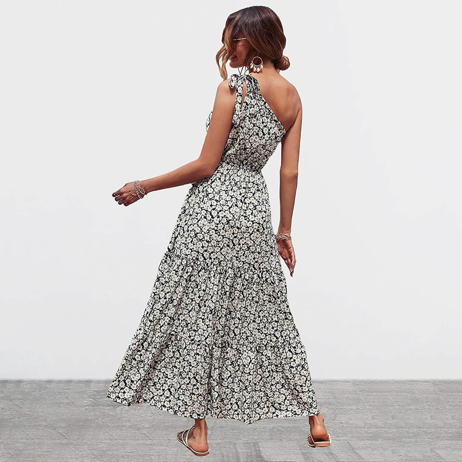 Women's Summer Floral One Shoulder Ruffled Hem Maxi Dresses