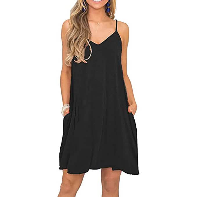 Women's Summer Spaghetti Strap Casual Swing Tank Beach Cover Up Dress with Pockets