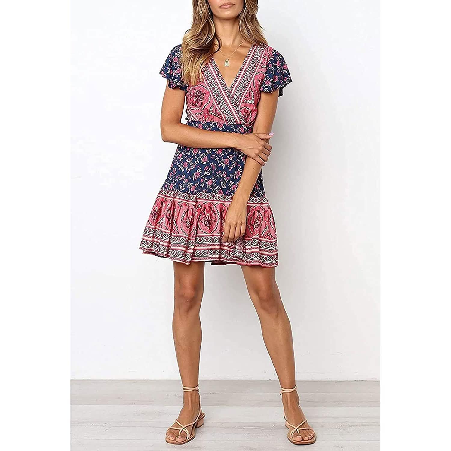 Women's Summer Wrap V Neck Bohemian Floral Print Mini Dress