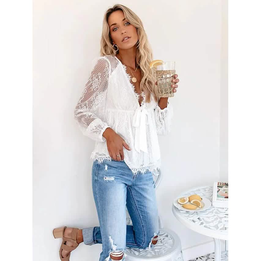 Women's Tunic Blouse Eyelet Top V Neck Tops