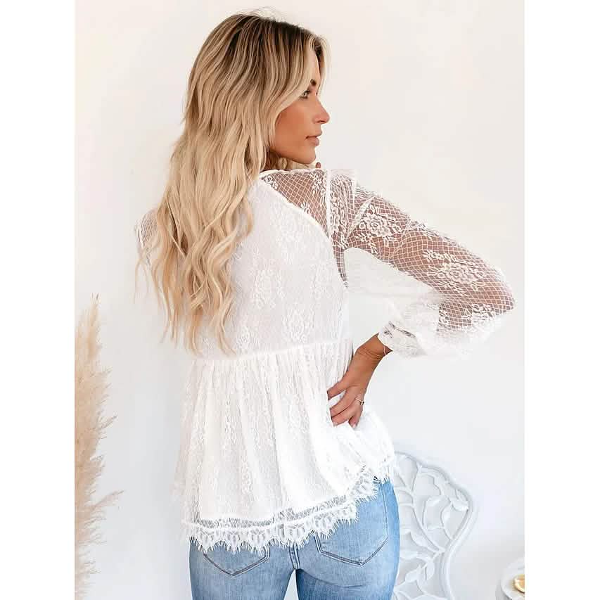Women's Tunic Blouse Eyelet Top V Neck Tops