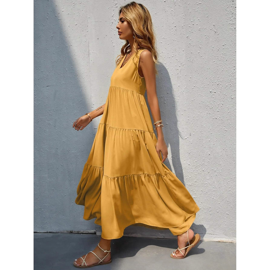Women's V-neck Ruffle Hem Solid Dress