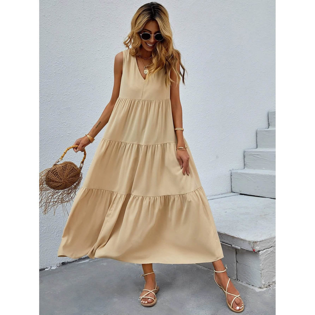 Women's V-neck Ruffle Hem Solid Dress