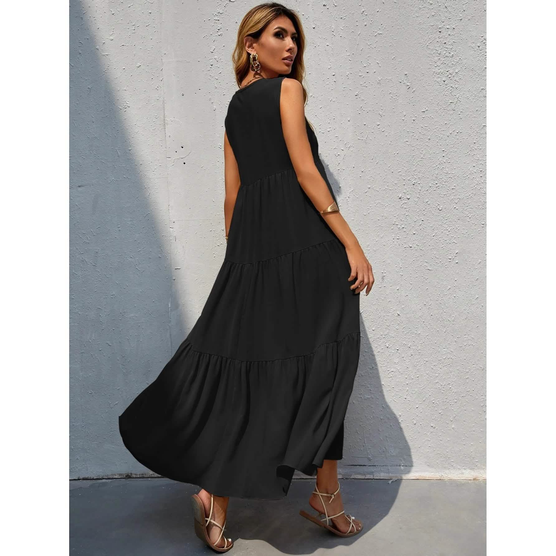 Women's V-neck Ruffle Hem Solid Dress