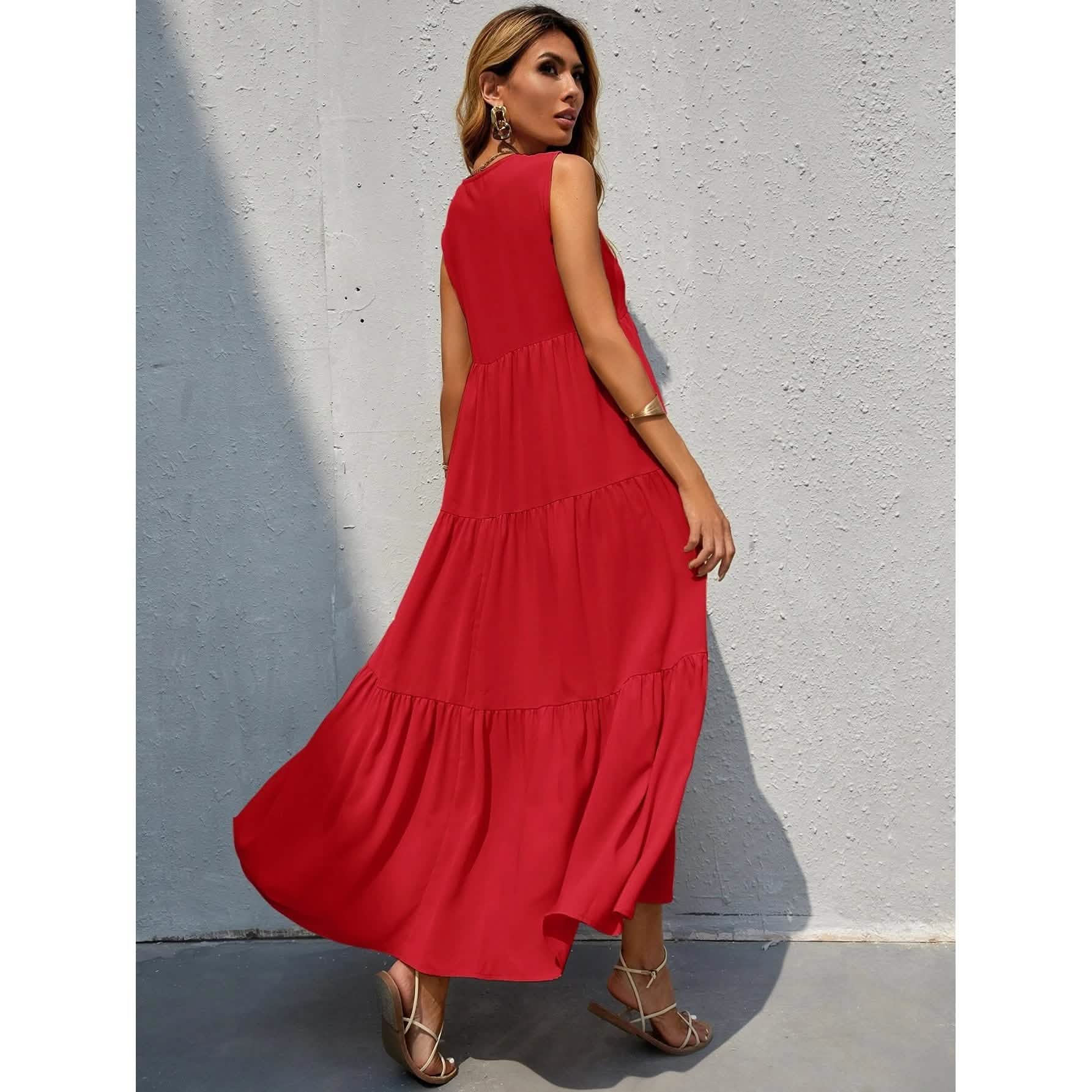 Women's V-neck Ruffle Hem Solid Dress