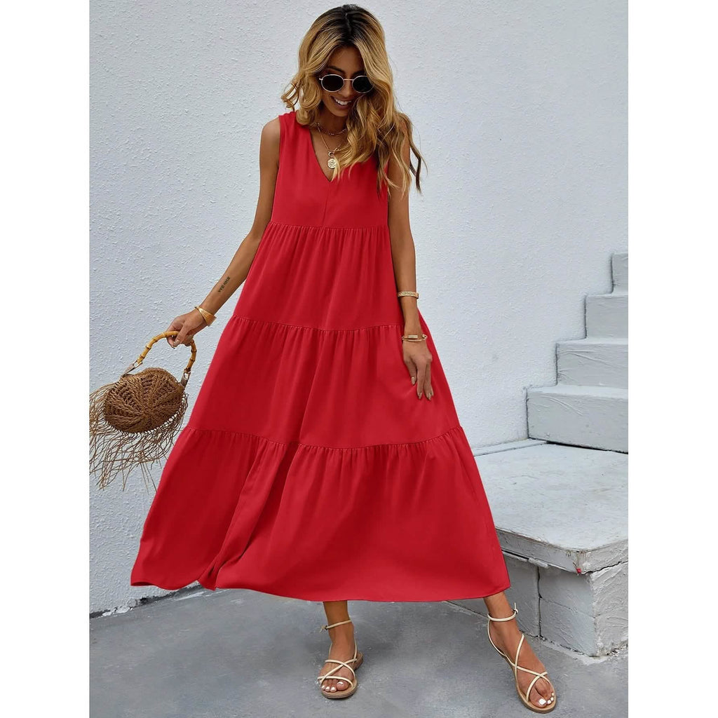 Women's V-neck Ruffle Hem Solid Dress