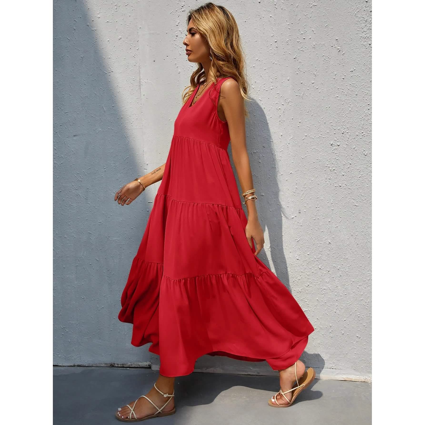 Women's V-neck Ruffle Hem Solid Dress