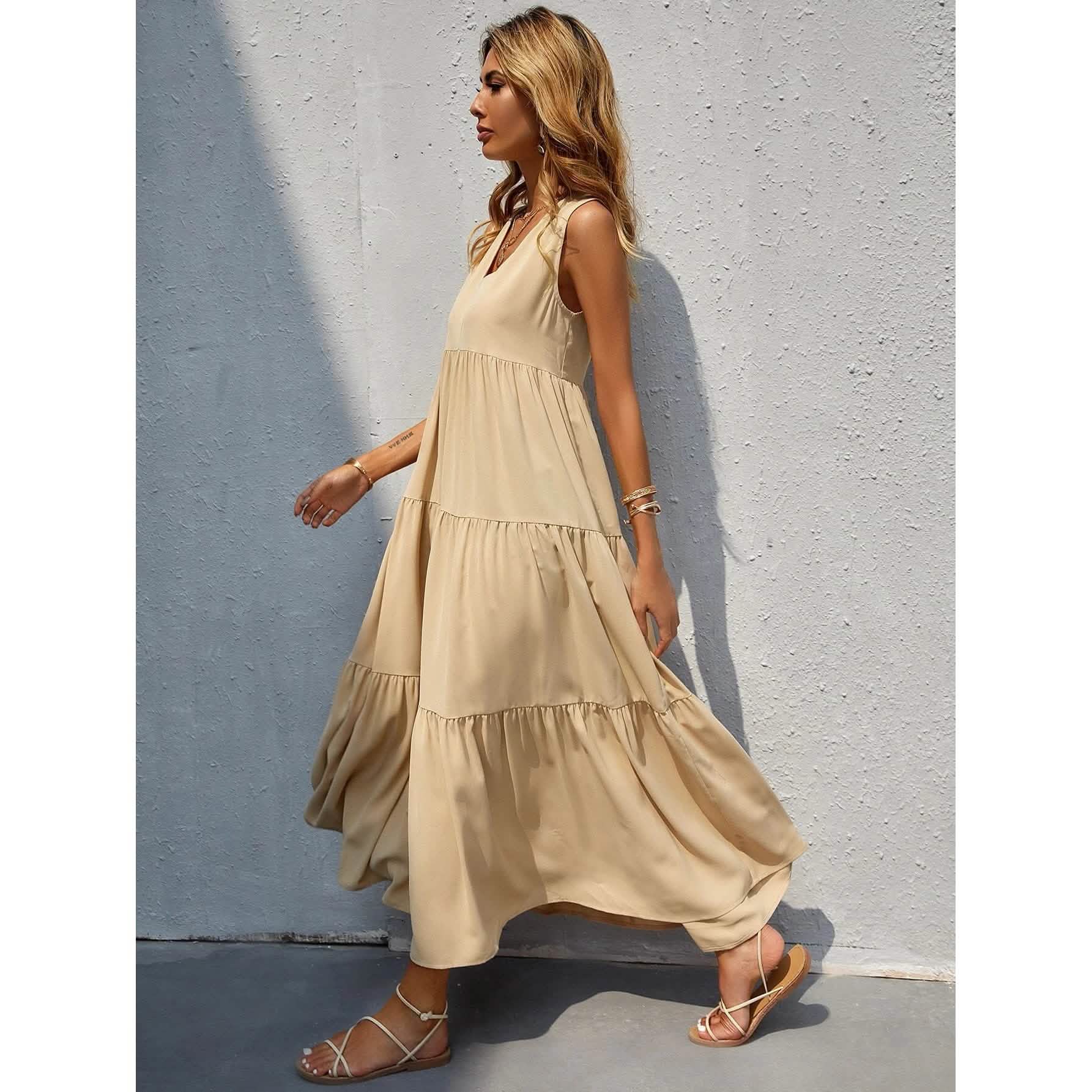 Women's V-neck Ruffle Hem Solid Dress