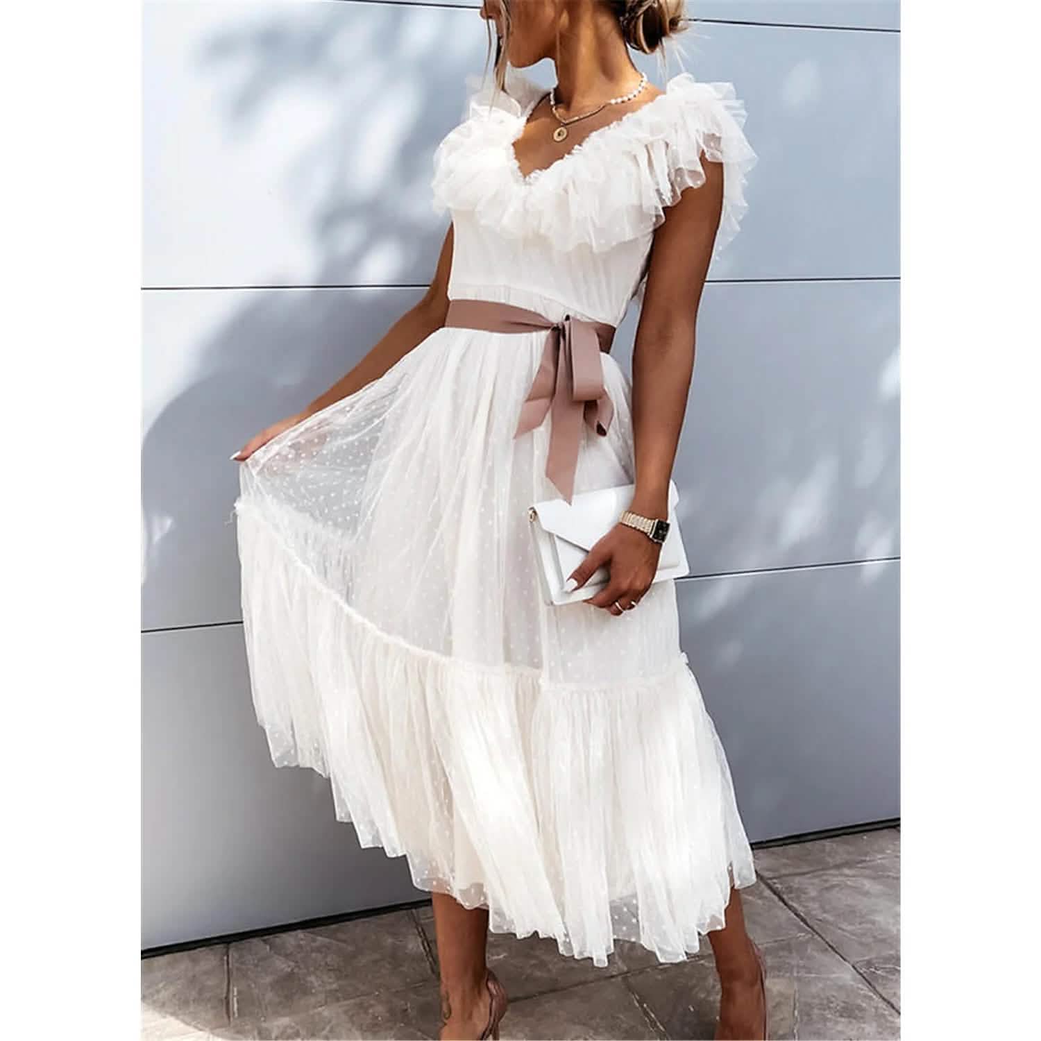 Women's V-Neck Solid Pleated Dress