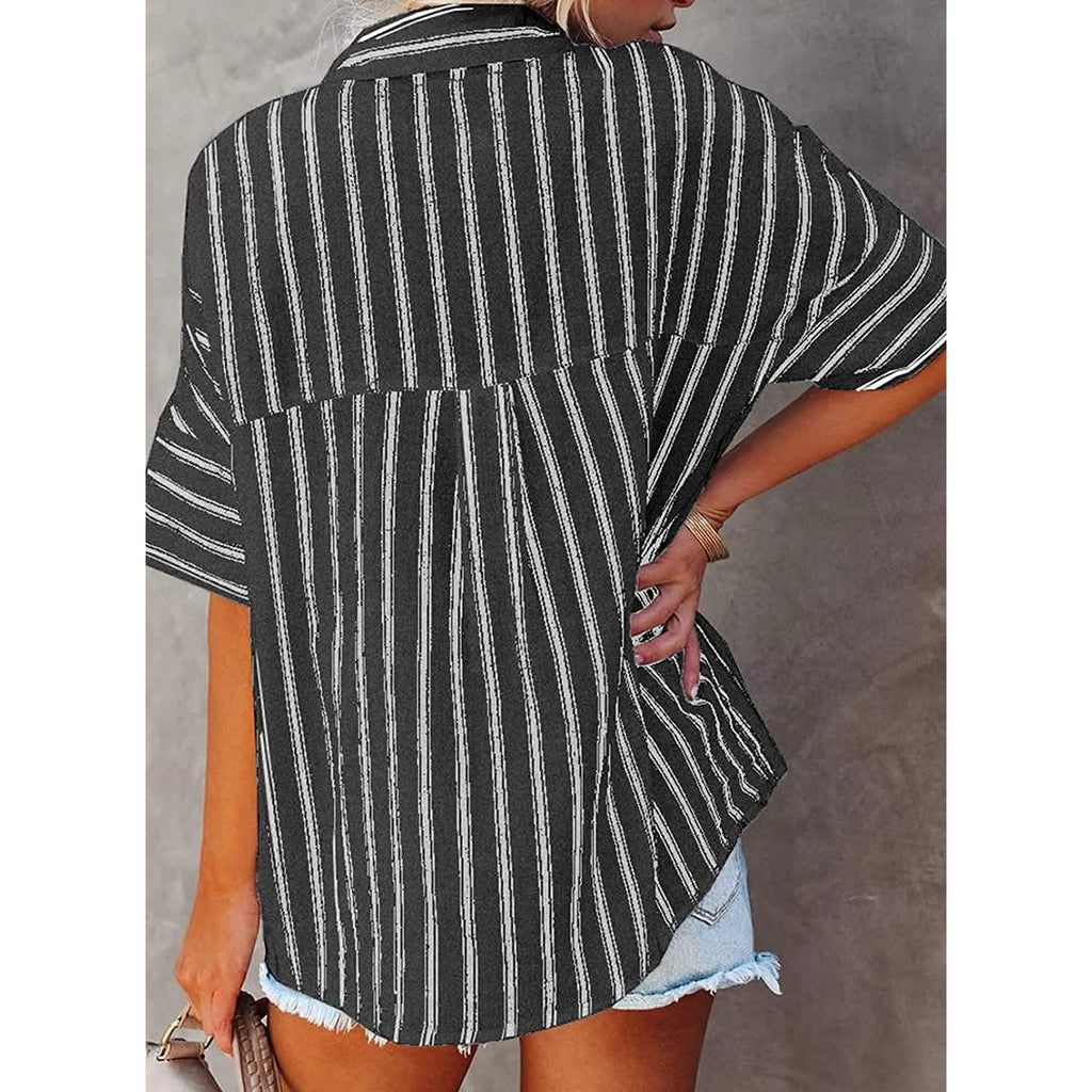 Women's V Neck Striped Roll Up Cuff Button Shirt Top