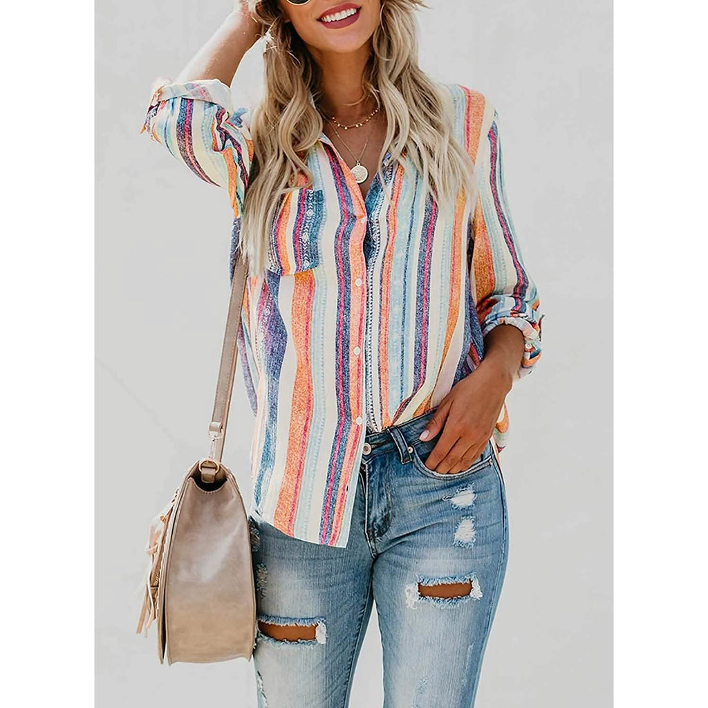 Women's V-Neck Striped Roll-Up Cuff Shirt
