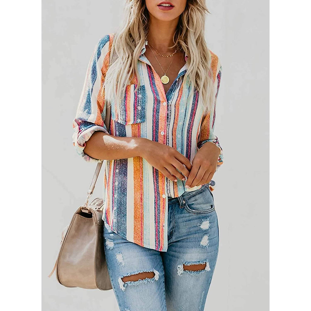 Women's V-Neck Striped Roll-Up Cuff Shirt