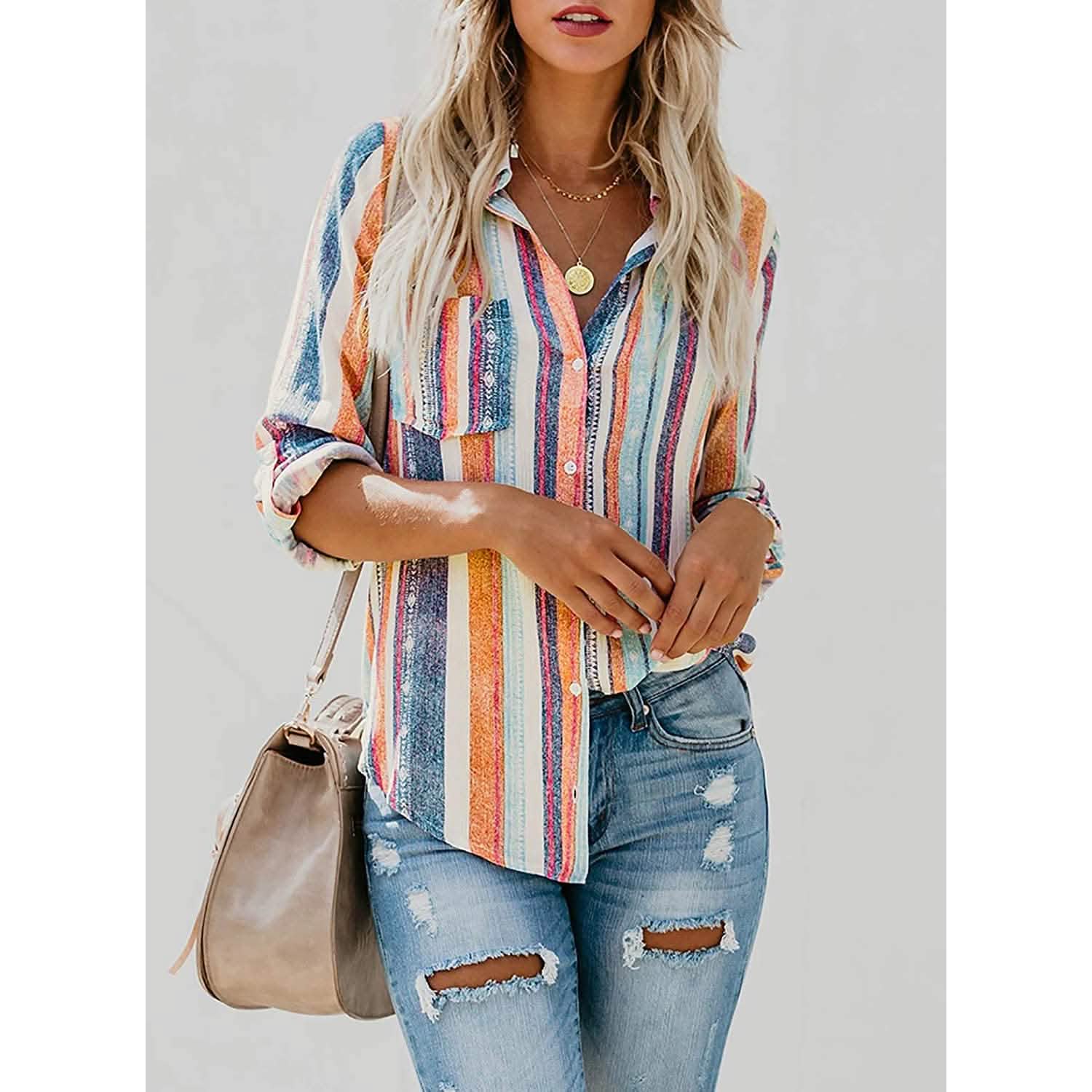 Women's V-Neck Striped Roll-Up Cuff Shirt