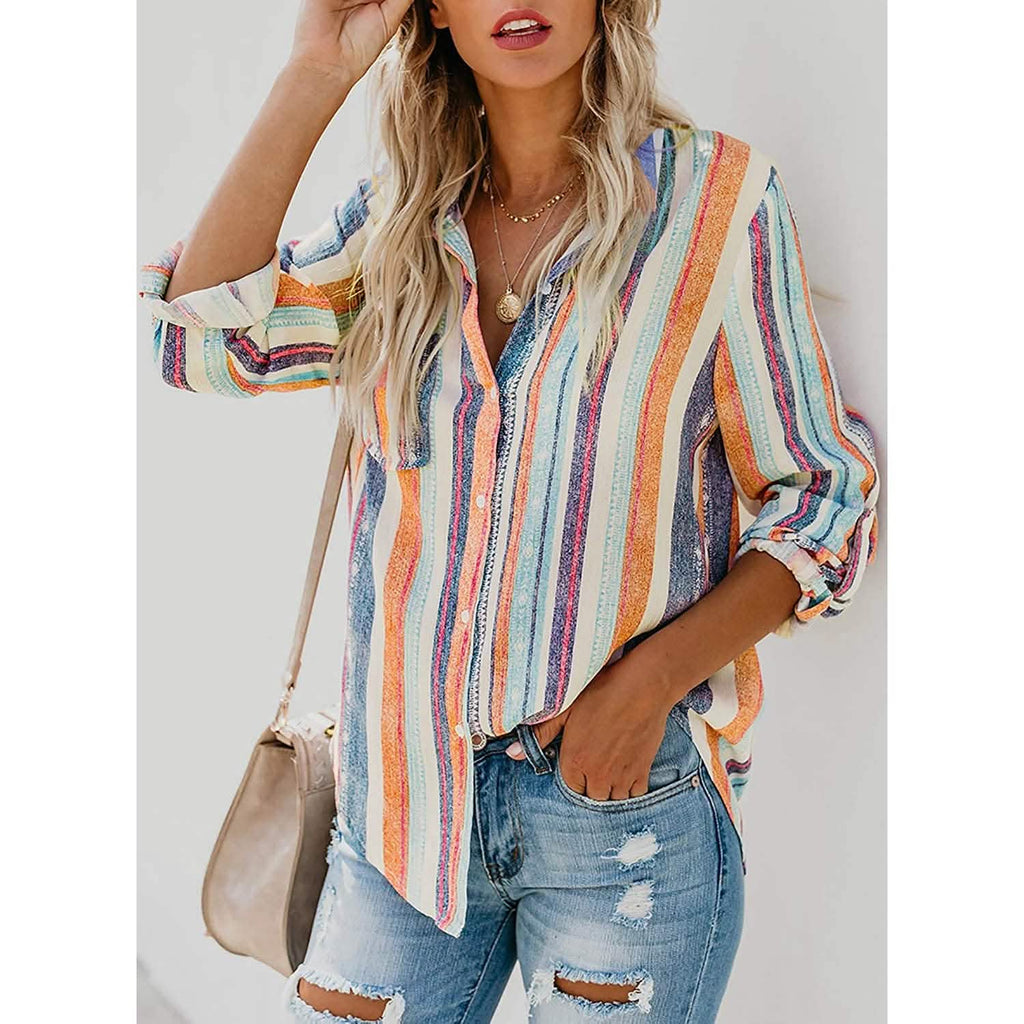 Women's V-Neck Striped Roll-Up Cuff Shirt