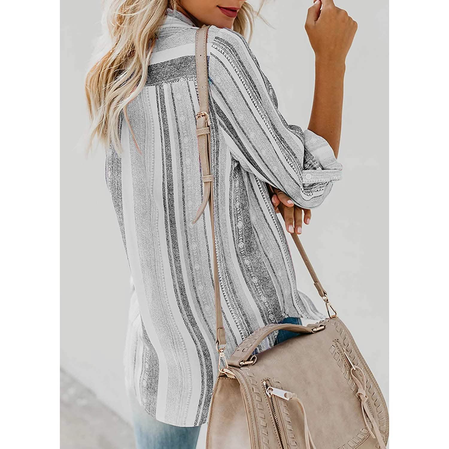 Women's V-Neck Striped Roll-Up Cuff Shirt