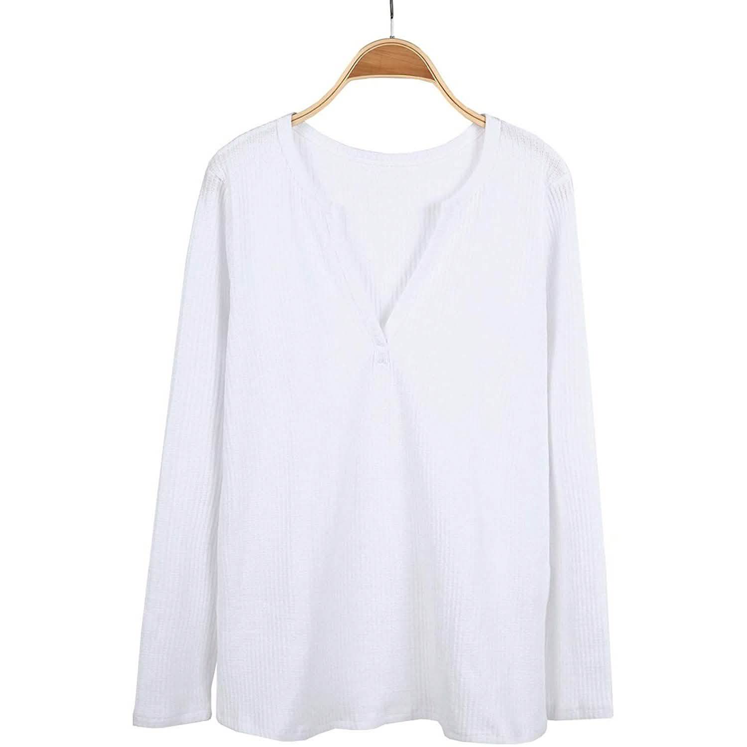 Women's V Neck Waffle Knit Henley Tops