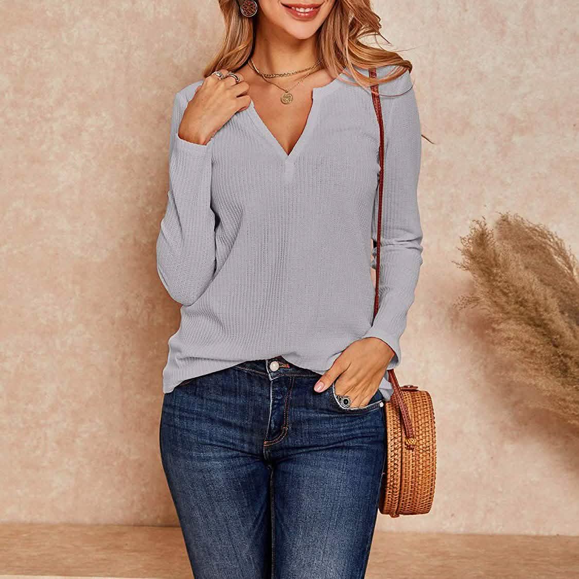 Women's V Neck Waffle Knit Henley Tops