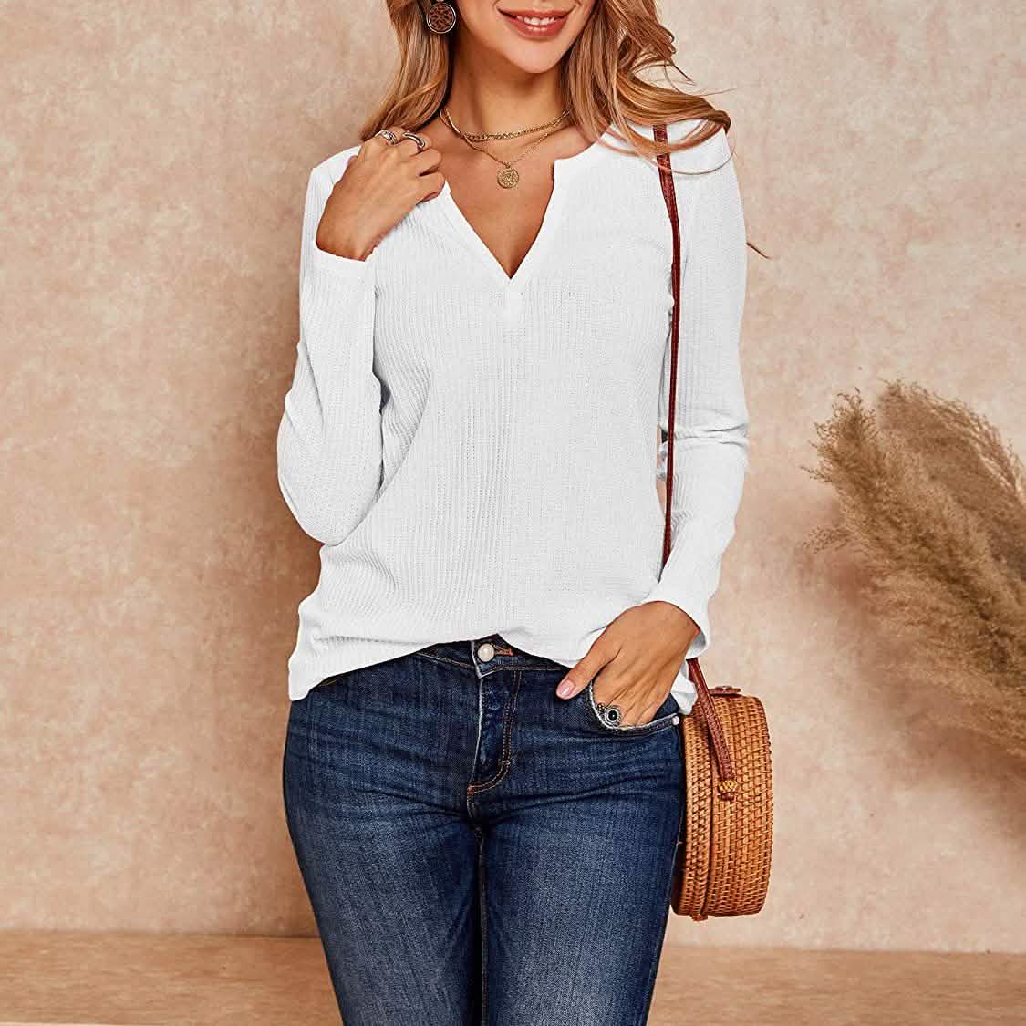 Women's V Neck Waffle Knit Henley Tops