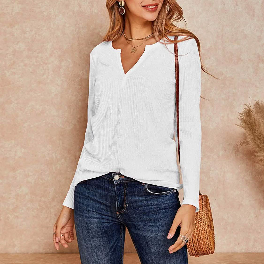 Women's V Neck Waffle Knit Henley Tops