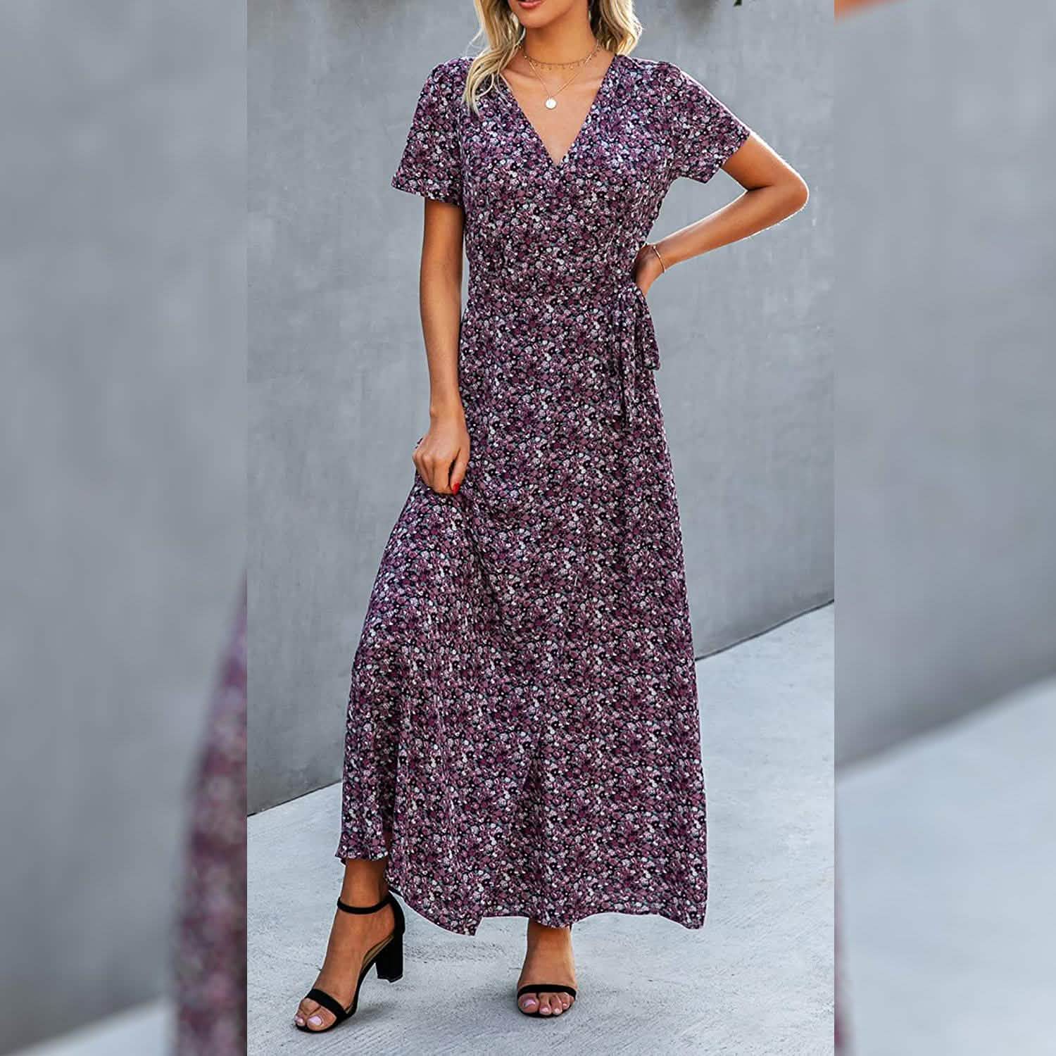 Women's Wrap V Neck Maxi Dresses Short Sleeve Split Casual Long Dress