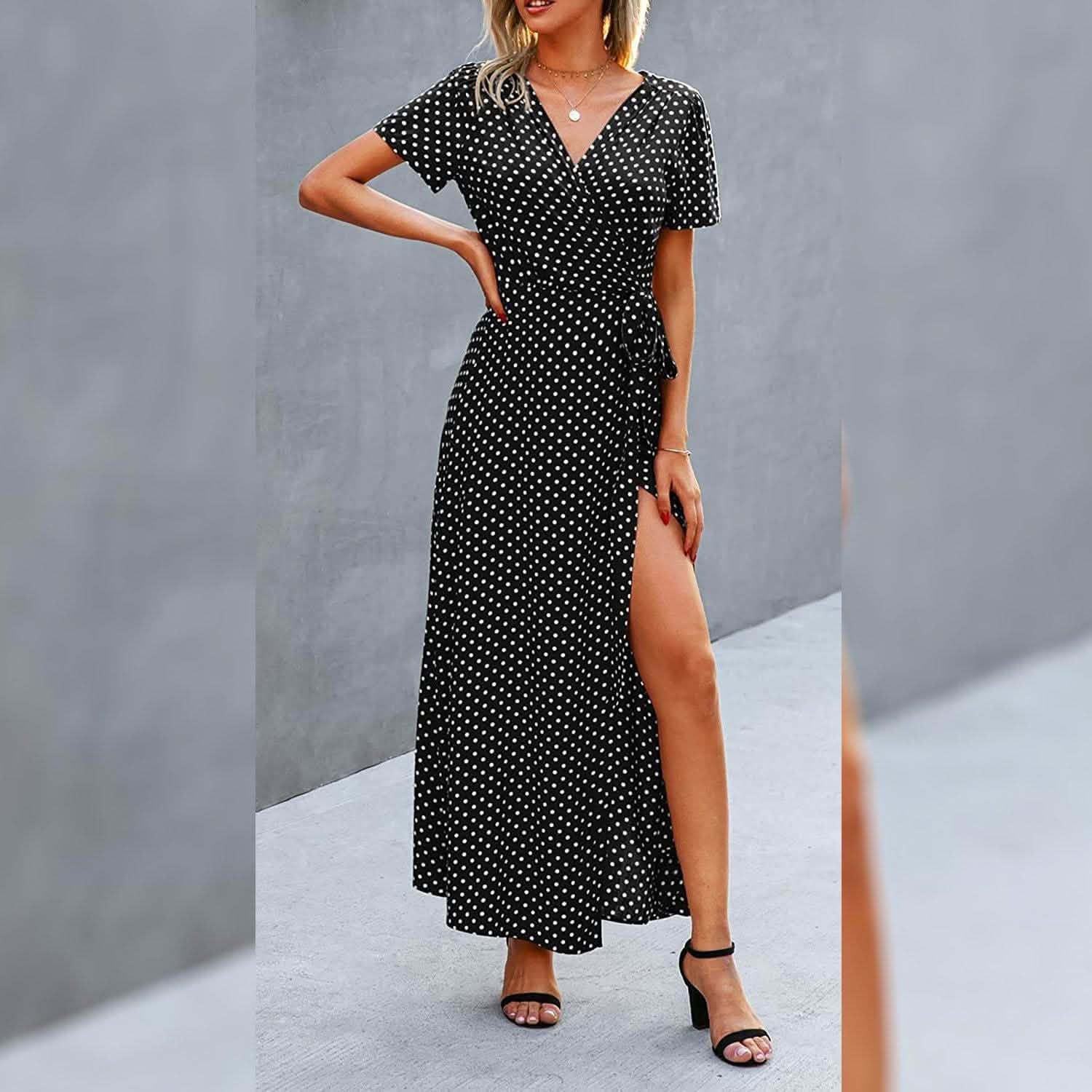 Women's Wrap V Neck Maxi Dresses Short Sleeve Split Casual Long Dress