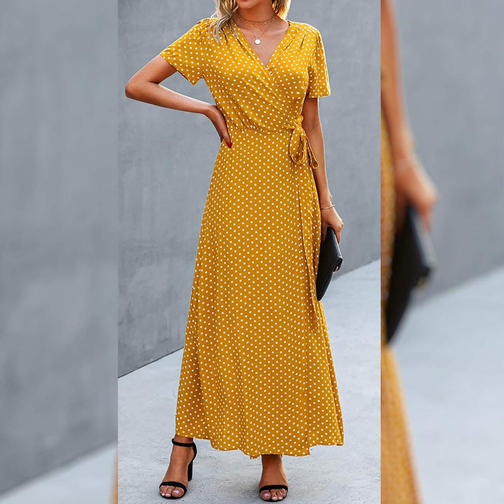 Women's Wrap V Neck Maxi Dresses Short Sleeve Split Casual Long Dress