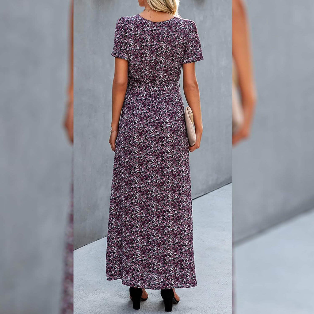Women's Wrap V Neck Maxi Dresses Short Sleeve Split Casual Long Dress