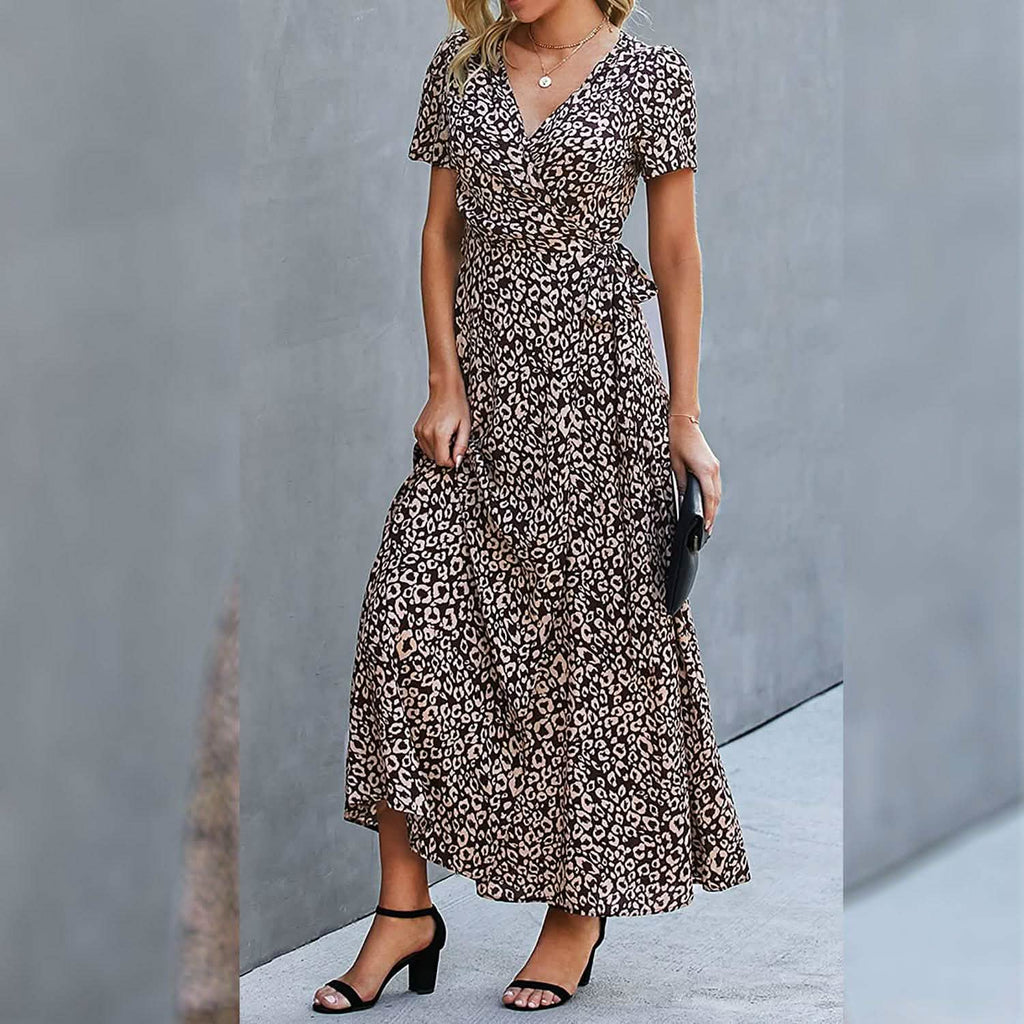 Women's Wrap V Neck Maxi Dresses Short Sleeve Split Casual Long Dress