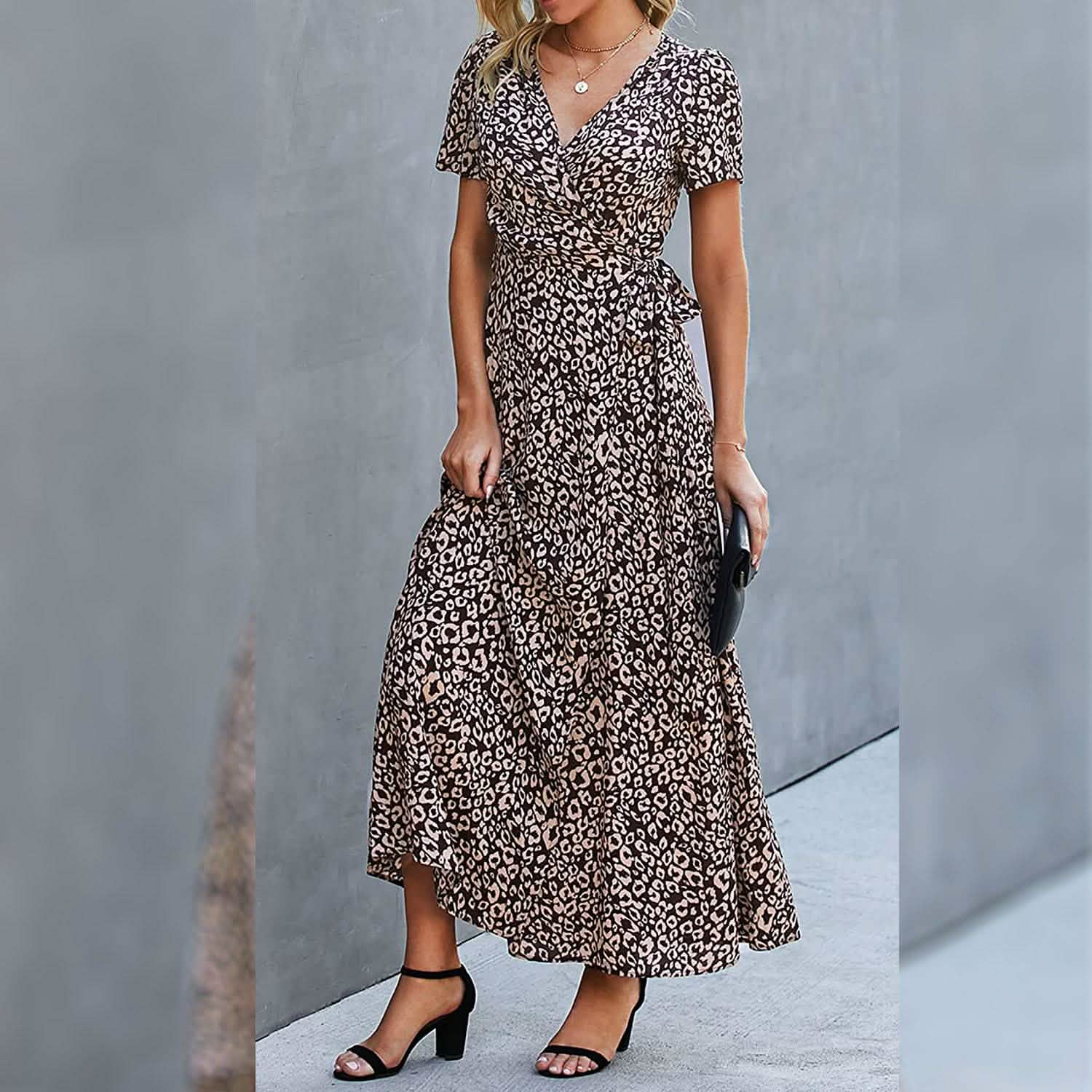 Women's Wrap V Neck Maxi Dresses Short Sleeve Split Casual Long Dress