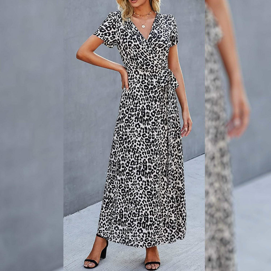 Women's Wrap V Neck Maxi Dresses Short Sleeve Split Casual Long Dress