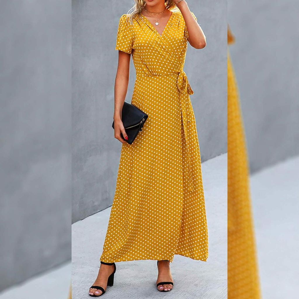 Women's Wrap V Neck Maxi Dresses Short Sleeve Split Casual Long Dress