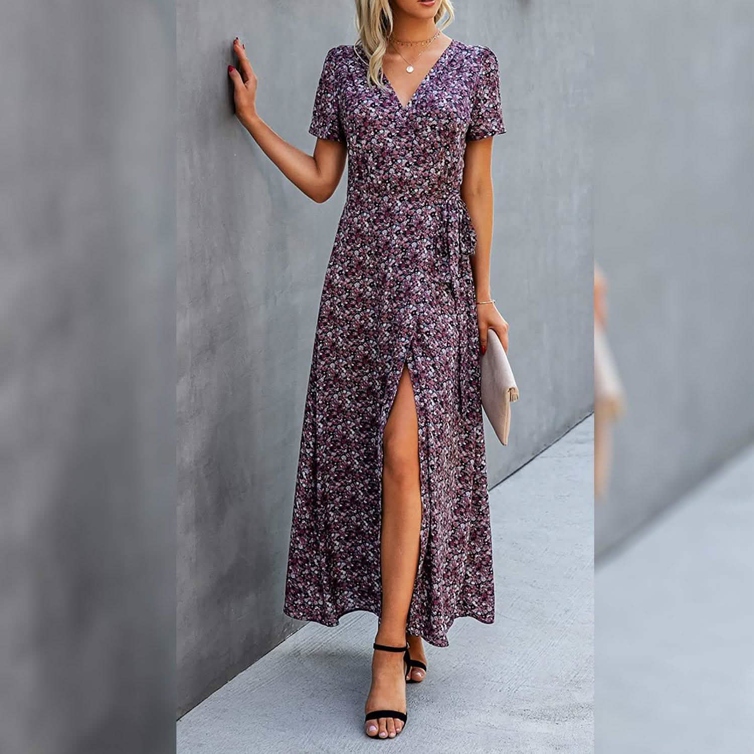 Women's Wrap V Neck Maxi Dresses Short Sleeve Split Casual Long Dress