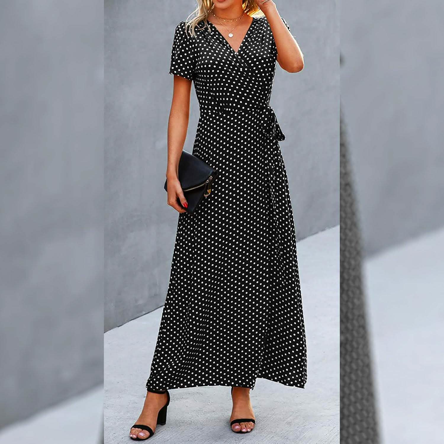 Women's Wrap V Neck Maxi Dresses Short Sleeve Split Casual Long Dress